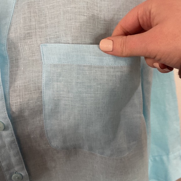 Chico’s No-Iron Linen 3/4 sleeve sheer Shirt in bright baby blue size US 10 - Picture 7 of 12